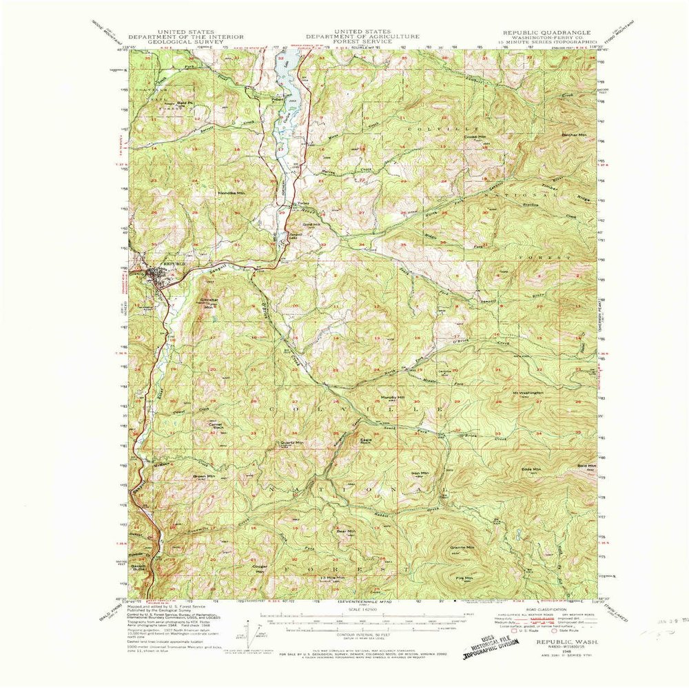 YellowMaps Republic WA topo map, 1:62500 Scale, 15 X 15 Minute, Historical, 1948, Updated 1974, 22 x 17.1 in - Tyvek
