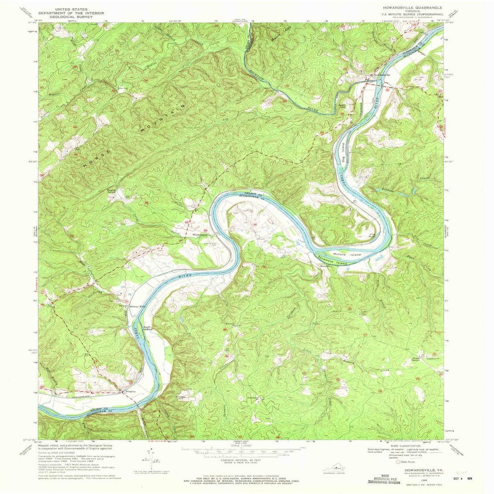 YellowMaps Howardsville VA topo map, 1:24000 Scale, 7.5 X 7.5 Minute, Historical, 1968, Updated 1971, 26.9 x 22 in - Tyvek