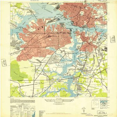 YellowMaps Norfolk South VA topo map, 1:24000 Scale, 7.5 X 7.5 Minute, Historical, 1948, 28.1 x 22 in - Polypropylene