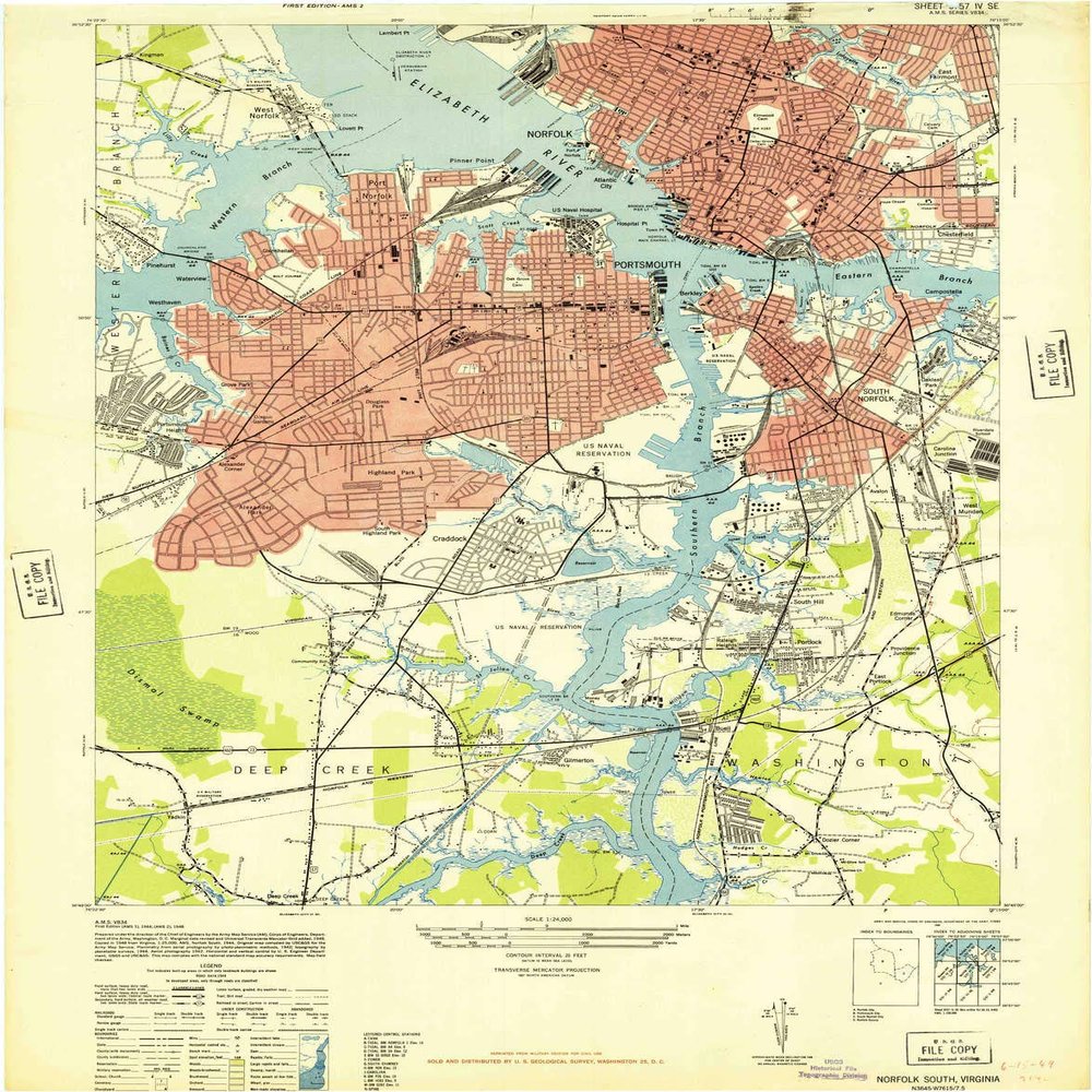 YellowMaps Norfolk South VA topo map, 1:24000 Scale, 7.5 X 7.5 Minute, Historical, 1948, 28.1 x 22 in - Polypropylene