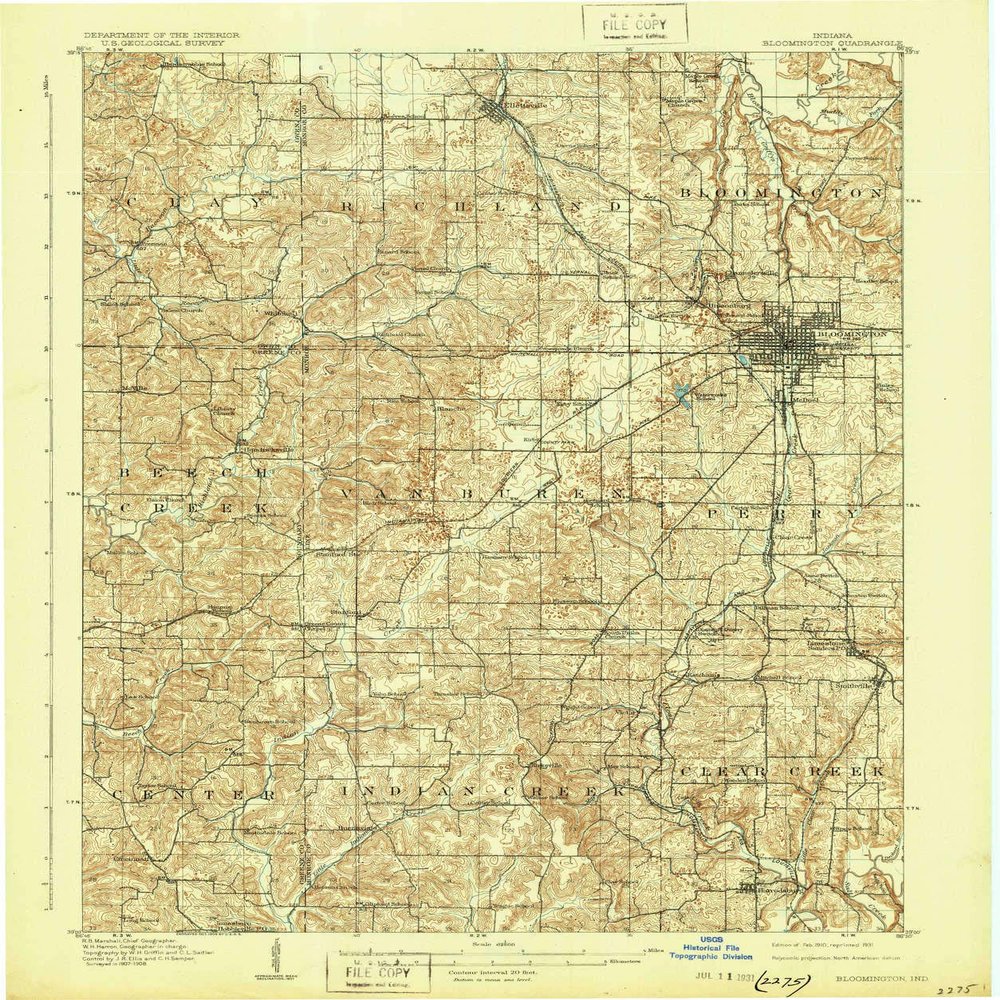 YellowMaps Bloomington in topo map, 1:62500 Scale, 15 X 15 Minute, Historical, 1910, Updated 1931, 19.8 x 16.5 in - Polypropylene