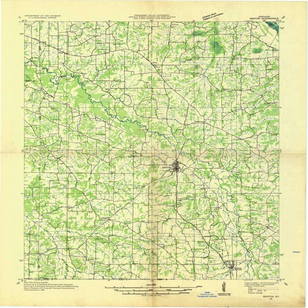 YellowMaps Benton KY topo map, 1:48000 Scale, 15 X 15 Minute, Historical, 1936, Updated 1936, 27.1 x 22 in - Polypropylene