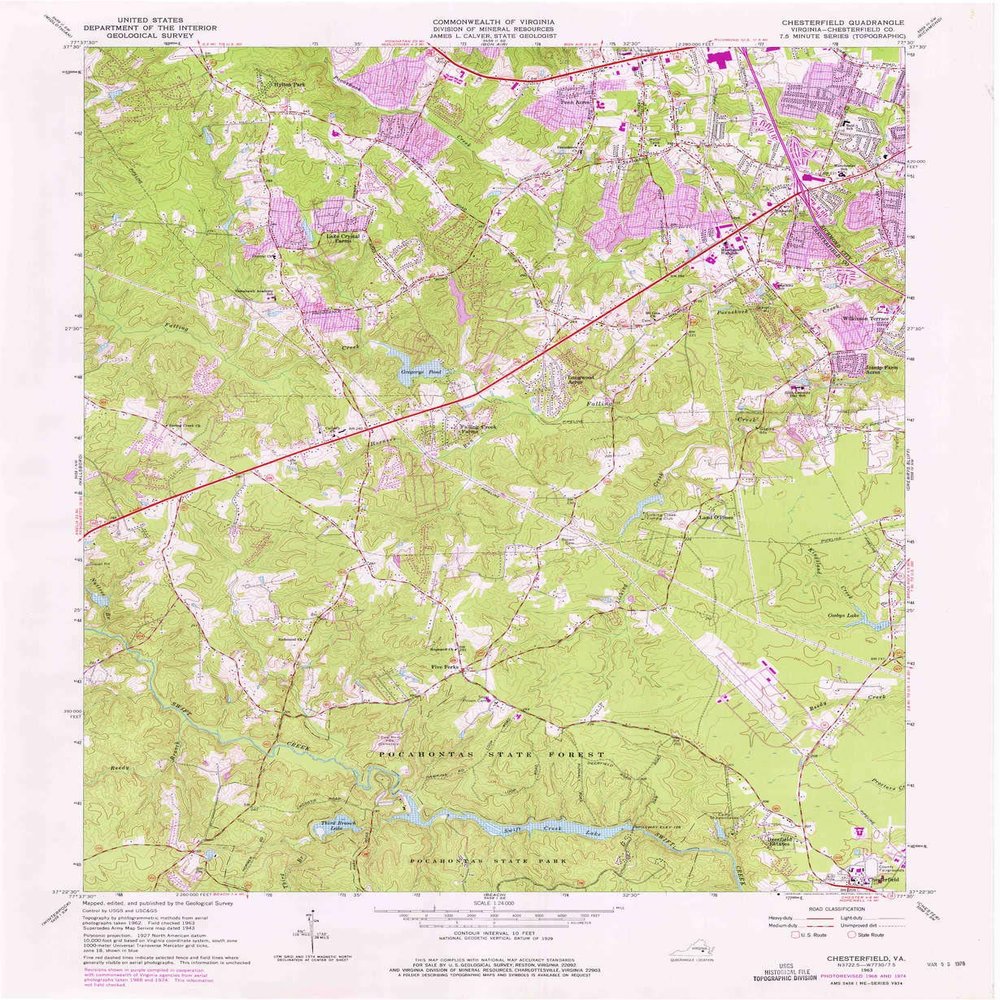 YellowMaps Chesterfield VA topo map, 1:24000 Scale, 7.5 X 7.5 Minute, Historical, 1963, Updated 1975, 26.9 x 22.1 in - Polypropylene