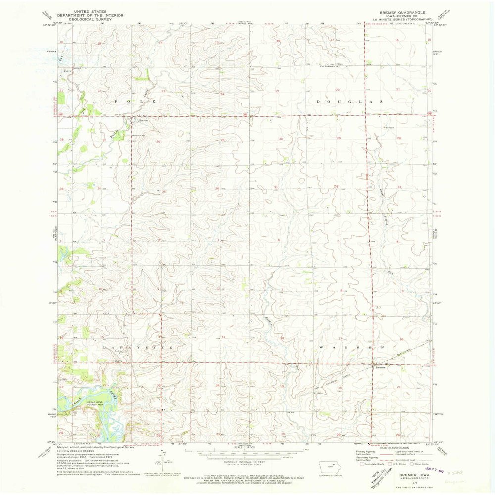 YellowMaps Bremer IA topo map, 1:24000 Scale, 7.5 X 7.5 Minute, Historical, 1971, Updated 1973, 27 x 22.1 in - Polypropylene