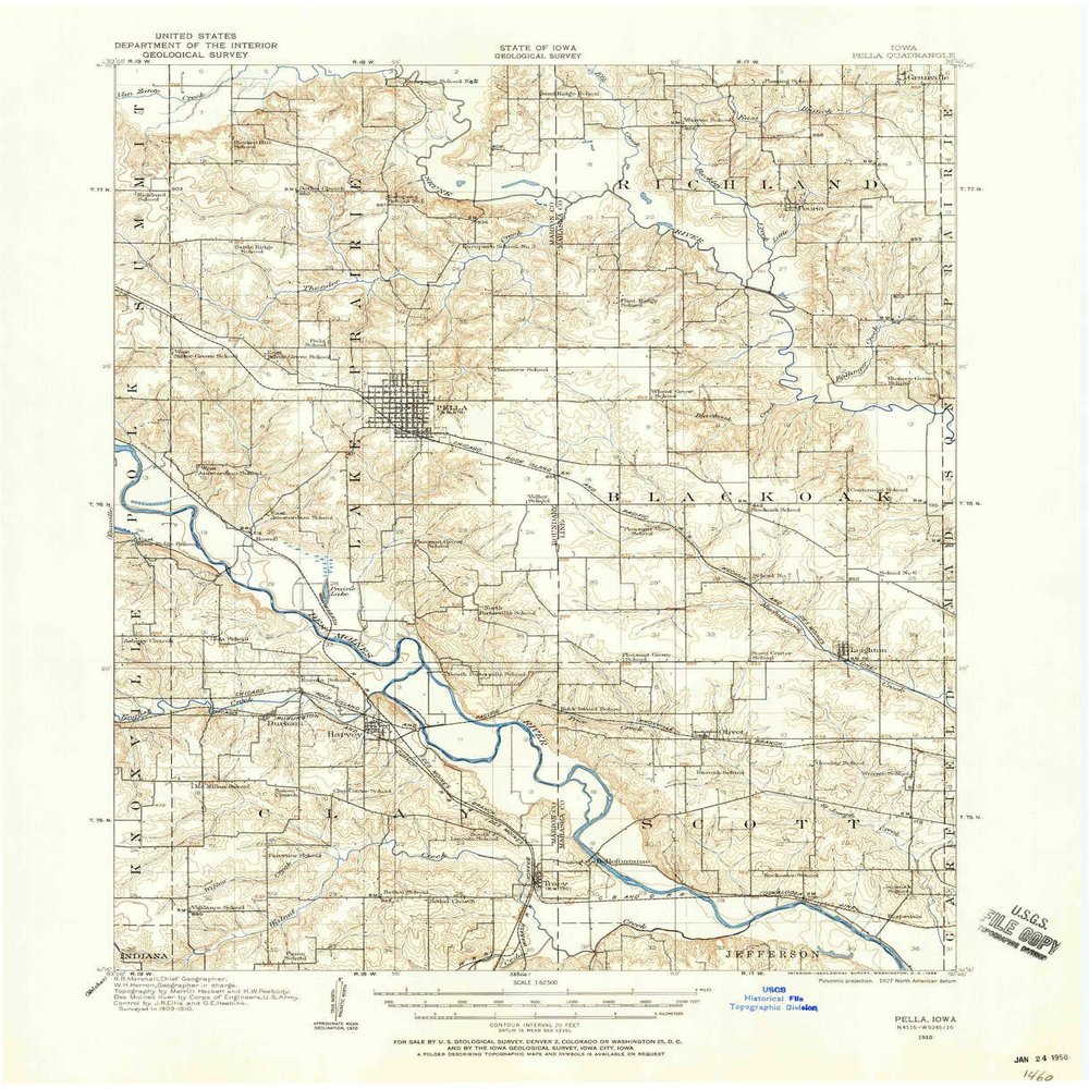 Pella IA topo map, 1:62500 Scale, 15 X 15 Minute, Historical, 1910, Updated 1958, 21 x 17 in - Tyvek