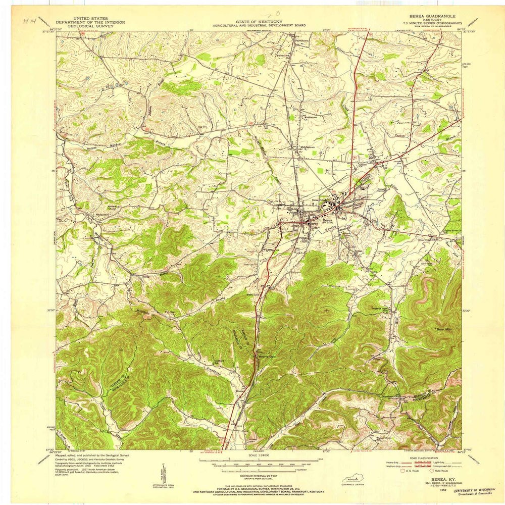YellowMaps Berea KY topo map, 1:24000 Scale, 7.5 X 7.5 Minute, Historical, 1952, Updated 1953, 27.4 x 22.5 in - Tyvek