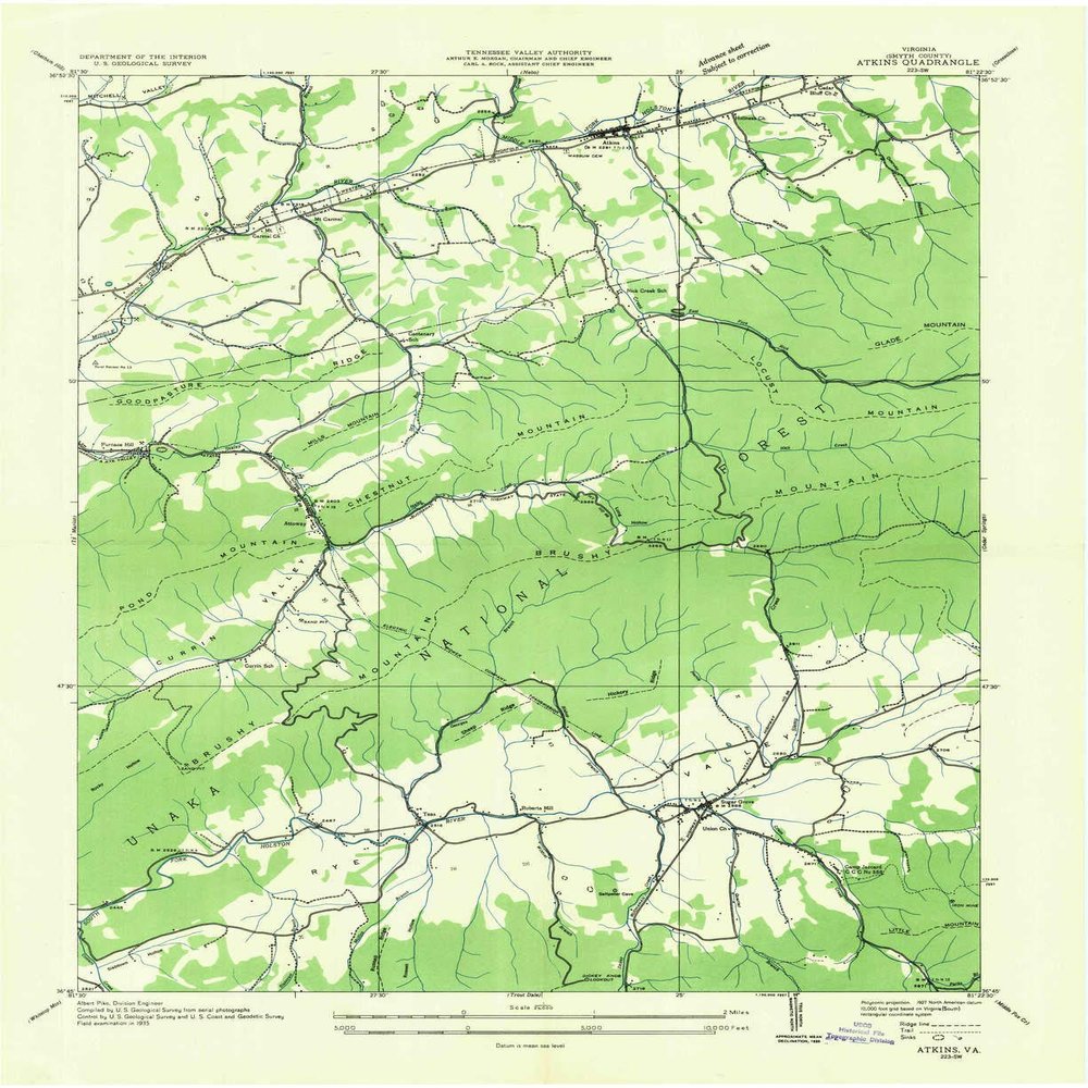 YellowMaps Atkins VA topo map, 1:24000 Scale, 7.5 X 7.5 Minute, Historical, 1935, 26.9 x 22 in - Tyvek