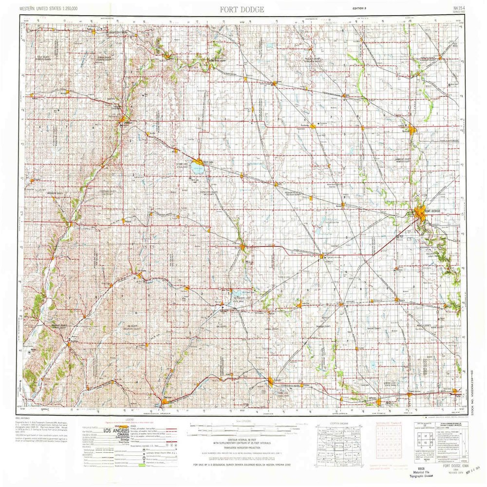YellowMaps Fort Dodge IA topo map, 1:250000 Scale, 1 X 2 Degree, Historical, 1954, Updated 1976, 22.1 x 29.2 in - Polypropylene