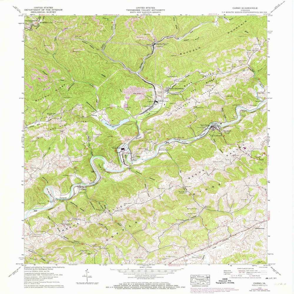 YellowMaps Carbo VA topo map, 1:24000 Scale, 7.5 X 7.5 Minute, Historical, 1958, Updated 1974, 26.9 x 22.1 in - Tyvek