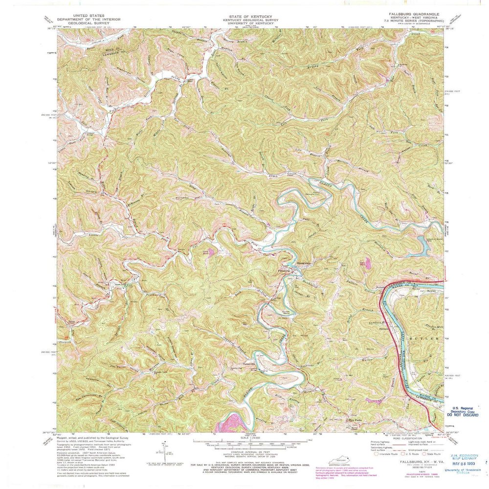 YellowMaps Fallsburg KY topo map, 1:24000 Scale, 7.5 X 7.5 Minute, Historical, 1971, Updated 1989, 27.4 x 22.5 in - Polypropylene