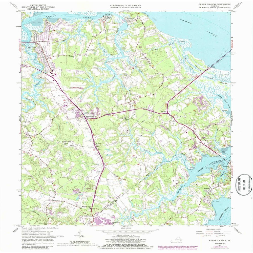 YellowMaps Benns Church VA topo map, 1:24000 Scale, 7.5 X 7.5 Minute, Historical, 1965, Updated 1986, 27 x 22 in - Polypropylene