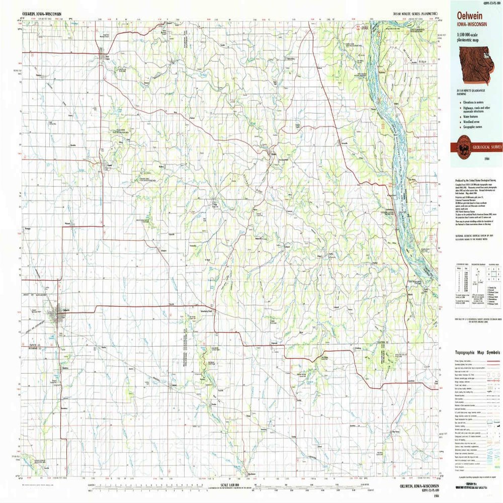 YellowMaps Oelwein IA topo map, 1:100000 Scale, 30 X 60 Minute, Historical, 1984, Updated 1985, 24.2 x 39 in - Polypropylene