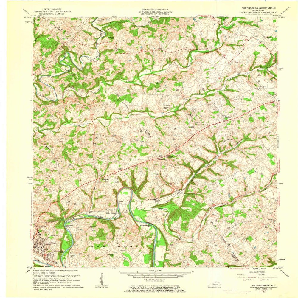 YellowMaps Greensburg KY topo map, 1:24000 Scale, 7.5 X 7.5 Minute, Historical, 1961, Updated 1962, 27.4 x 22.6 in - Polypropylene