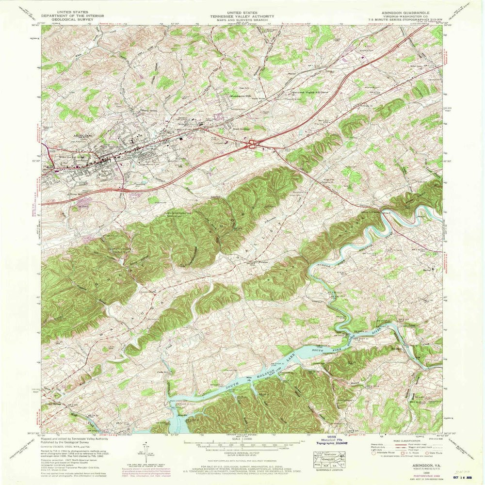 YellowMaps Abingdon VA topo map, 1:24000 Scale, 7.5 X 7.5 Minute, Historical, 1960, Updated 1970, 27 x 22.1 in - Tyvek