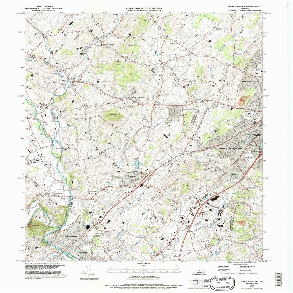 YellowMaps Bridgewater VA topo map, 1:24000 Scale, 7.5 X 7.5 Minute, Historical, 1989, Updated 1995, 27 x 22 in - Polypropylene