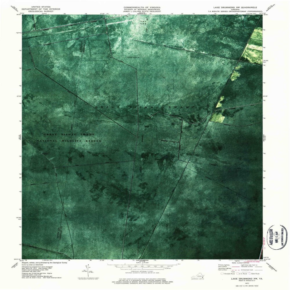 YellowMaps Lake Drummond NW VA topo map, 1:24000 Scale, 7.5 X 7.5 Minute, Historical, 1977, Updated 1987, 26.9 x 22 in - Polypropylene