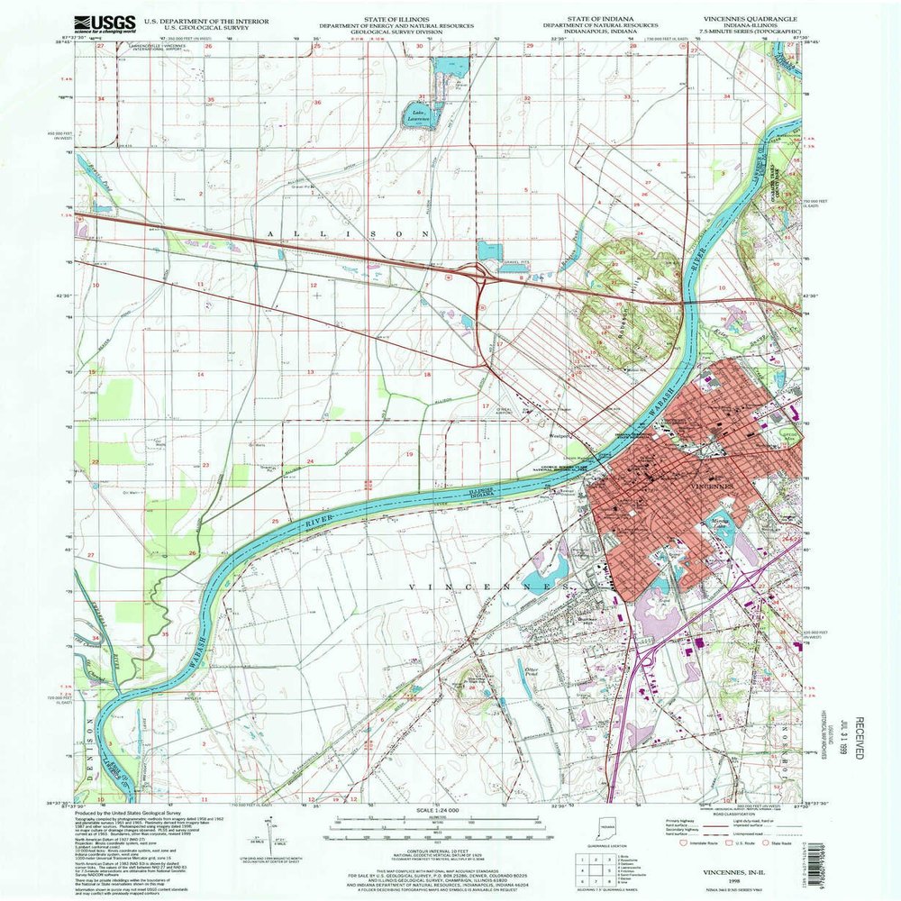 YellowMaps Vincennes in topo map, 1:24000 Scale, 7.5 X 7.5 Minute, Historical, 1998, Updated 1999, 26.7 x 21.9 in - Polypropylene