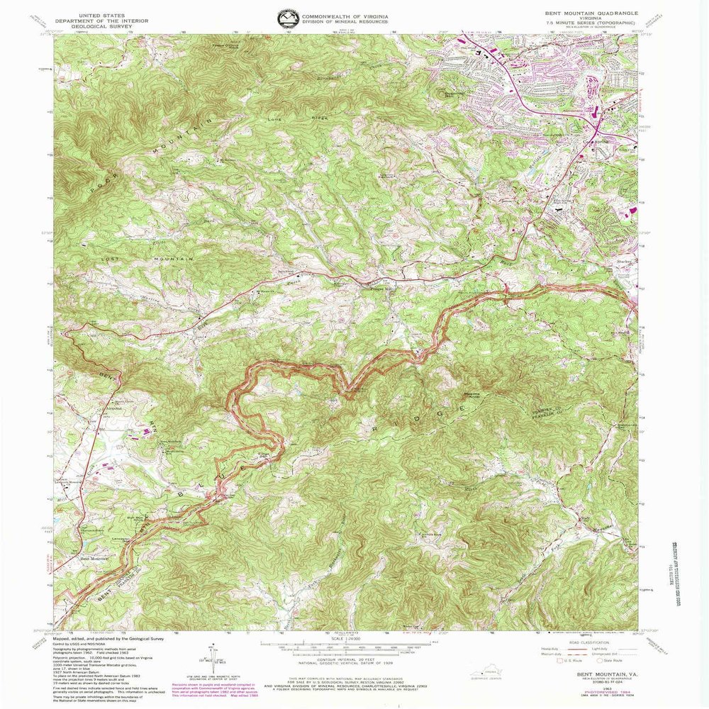 YellowMaps Bent Mountain VA topo map, 1:24000 Scale, 7.5 X 7.5 Minute, Historical, 1963, Updated 1984, 27 x 22 in - Polypropylene
