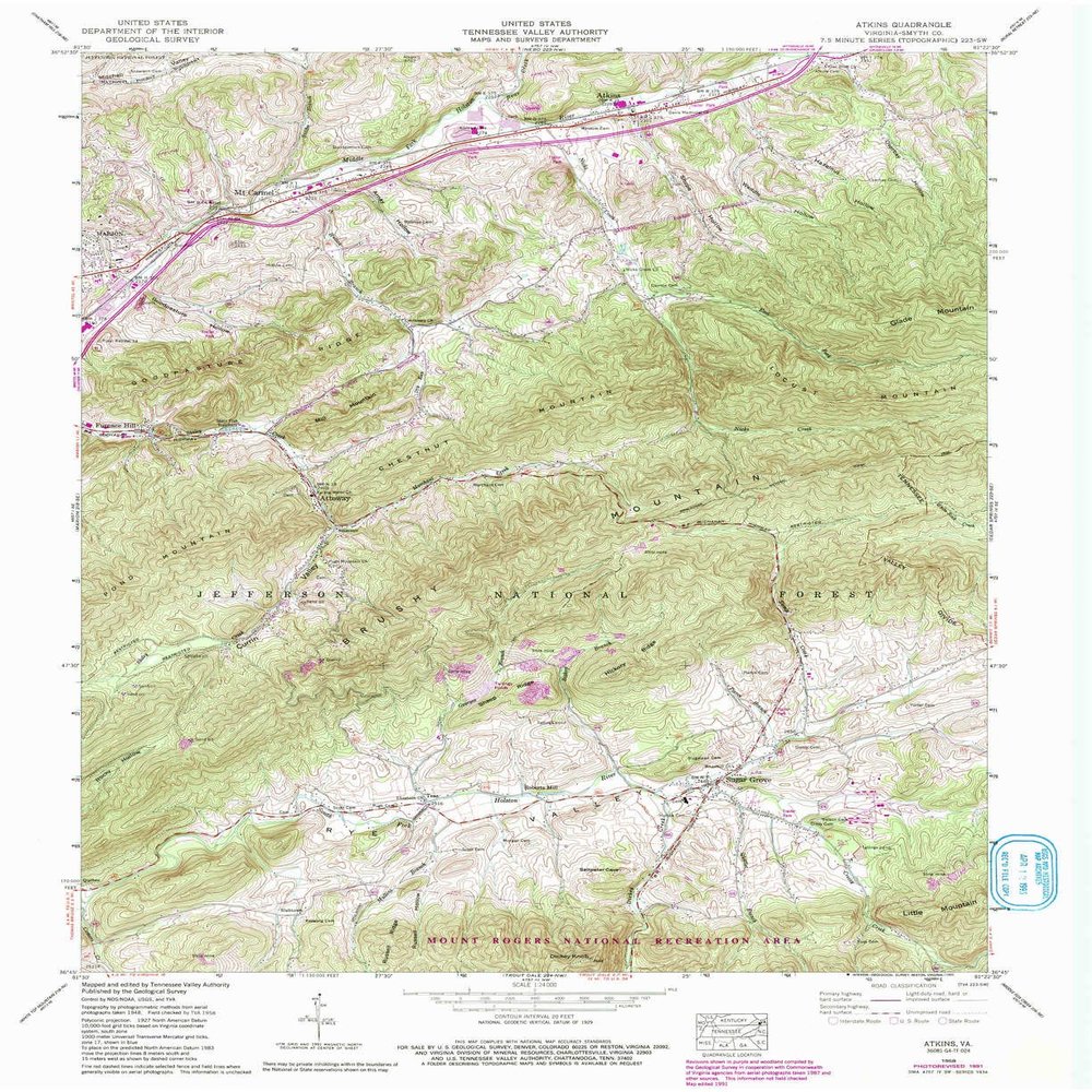 YellowMaps Atkins VA topo map, 1:24000 Scale, 7.5 X 7.5 Minute, Historical, 1958, Updated 1993, 27 x 22 in - Tyvek