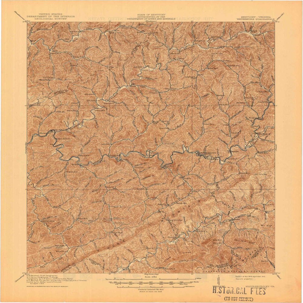 YellowMaps Whitesburg KY topo map, 1:62500 Scale, 15 X 15 Minute, Historical, 1915, Updated 1945, 21 x 17.1 in - Polypropylene