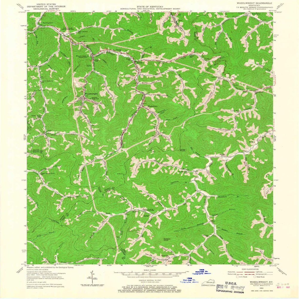 YellowMaps Wheelwright KY topo map, 1:24000 Scale, 7.5 X 7.5 Minute, Historical, 1954, Updated 1967, 27 x 22 in - Tyvek