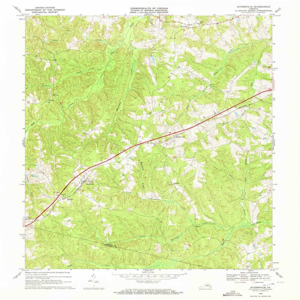 YellowMaps Jetersville VA topo map, 1:24000 Scale, 7.5 X 7.5 Minute, Historical, 1968, Updated 1972, 26.9 x 22 in - Polypropylene