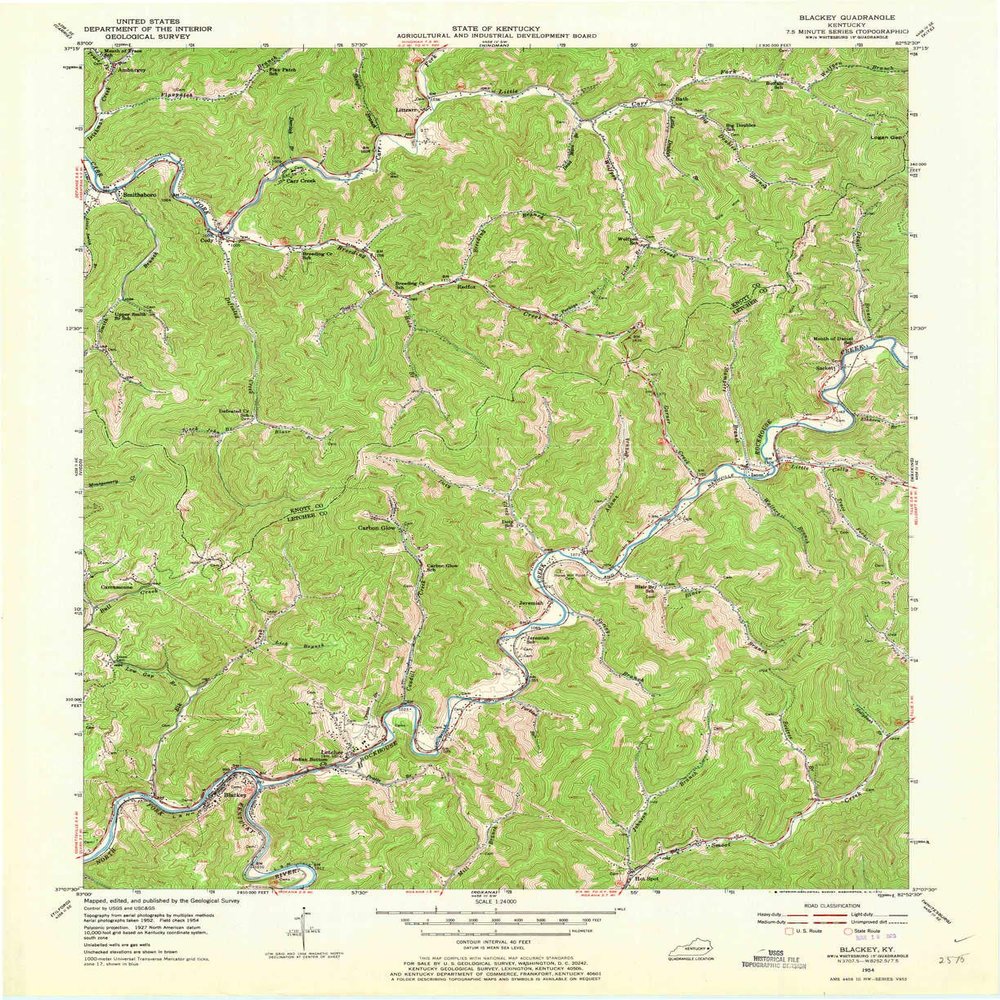YellowMaps Blackey KY topo map, 1:24000 Scale, 7.5 X 7.5 Minute, Historical, 1954, Updated 1973, 27 x 22 in - Polypropylene