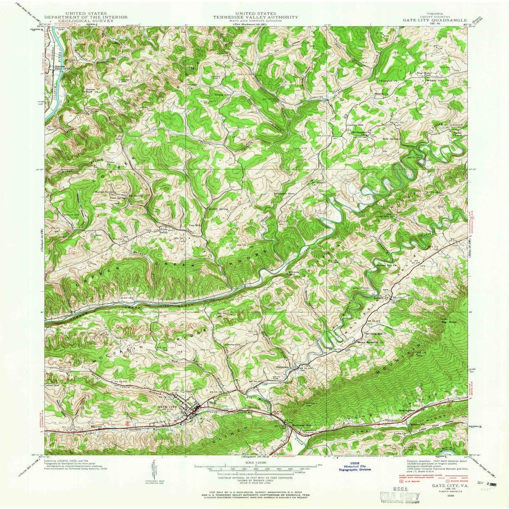YellowMaps Gate City VA topo map, 1:24000 Scale, 7.5 X 7.5 Minute, Historical, 1938, Updated 1965, 27 x 22 in - Tyvek