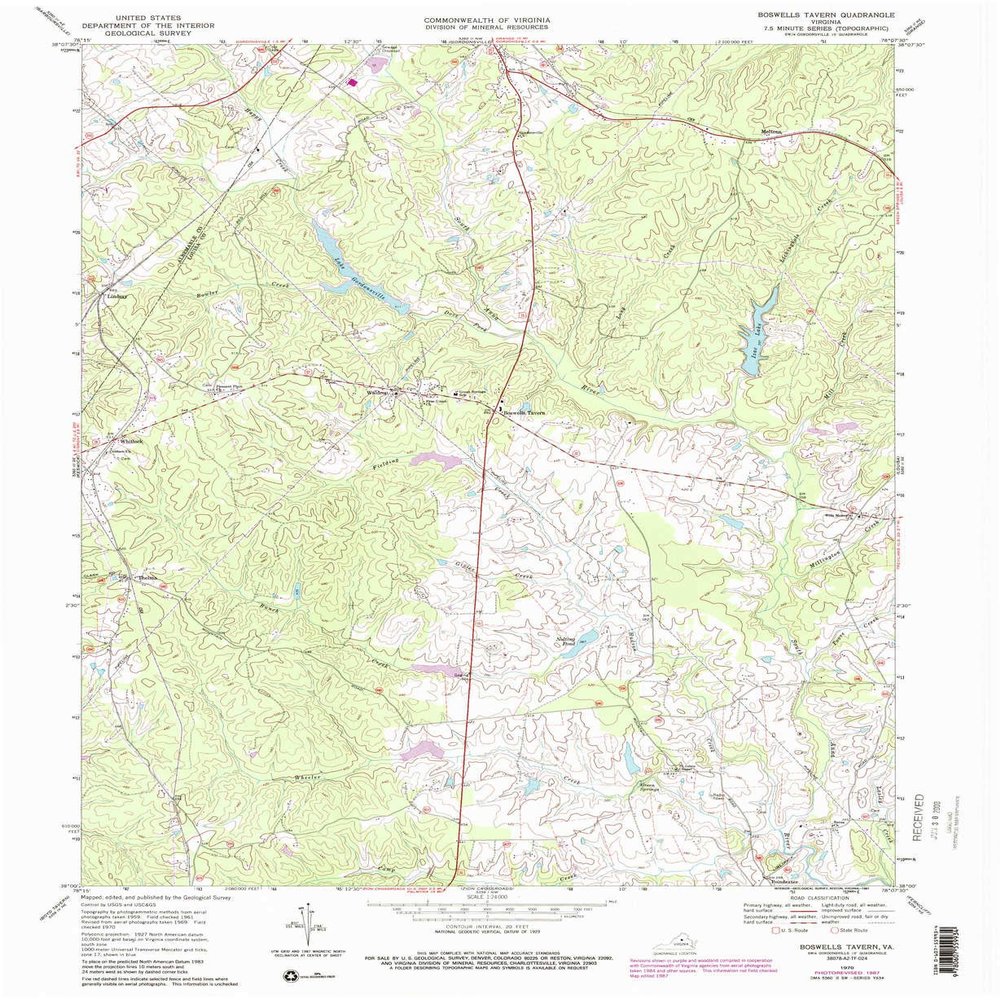 YellowMaps Boswells Tavern VA topo map, 1:24000 Scale, 7.5 X 7.5 Minute, Historical, 1970, Updated 1987, 27 x 22.1 in - Tyvek