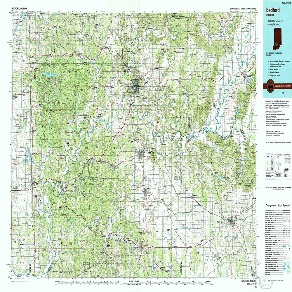 YellowMaps Bedford in topo map, 1:100000 Scale, 30 X 60 Minute, Historical, 1990, Updated 1991, 24.1 x 41 in - Polypropylene