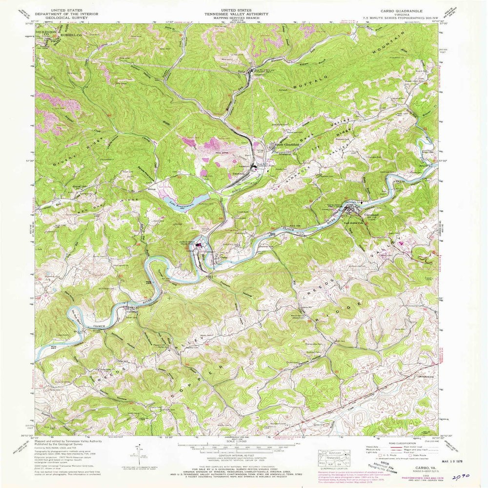 YellowMaps Carbo VA topo map, 1:24000 Scale, 7.5 X 7.5 Minute, Historical, 1958, Updated 1978, 26.9 x 22 in - Polypropylene