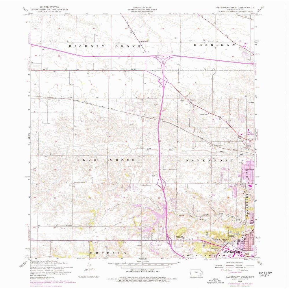 YellowMaps Davenport West IA topo map, 1:24000 Scale, 7.5 X 7.5 Minute, Historical, 1953, Updated 1977, 27 x 22.1 in - Polypropylene