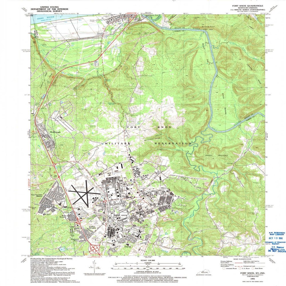 YellowMaps Fort Knox KY topo map, 1:24000 Scale, 7.5 X 7.5 Minute, Historical, 1991, Updated 1992, 27.3 x 22.4 in - Polypropylene