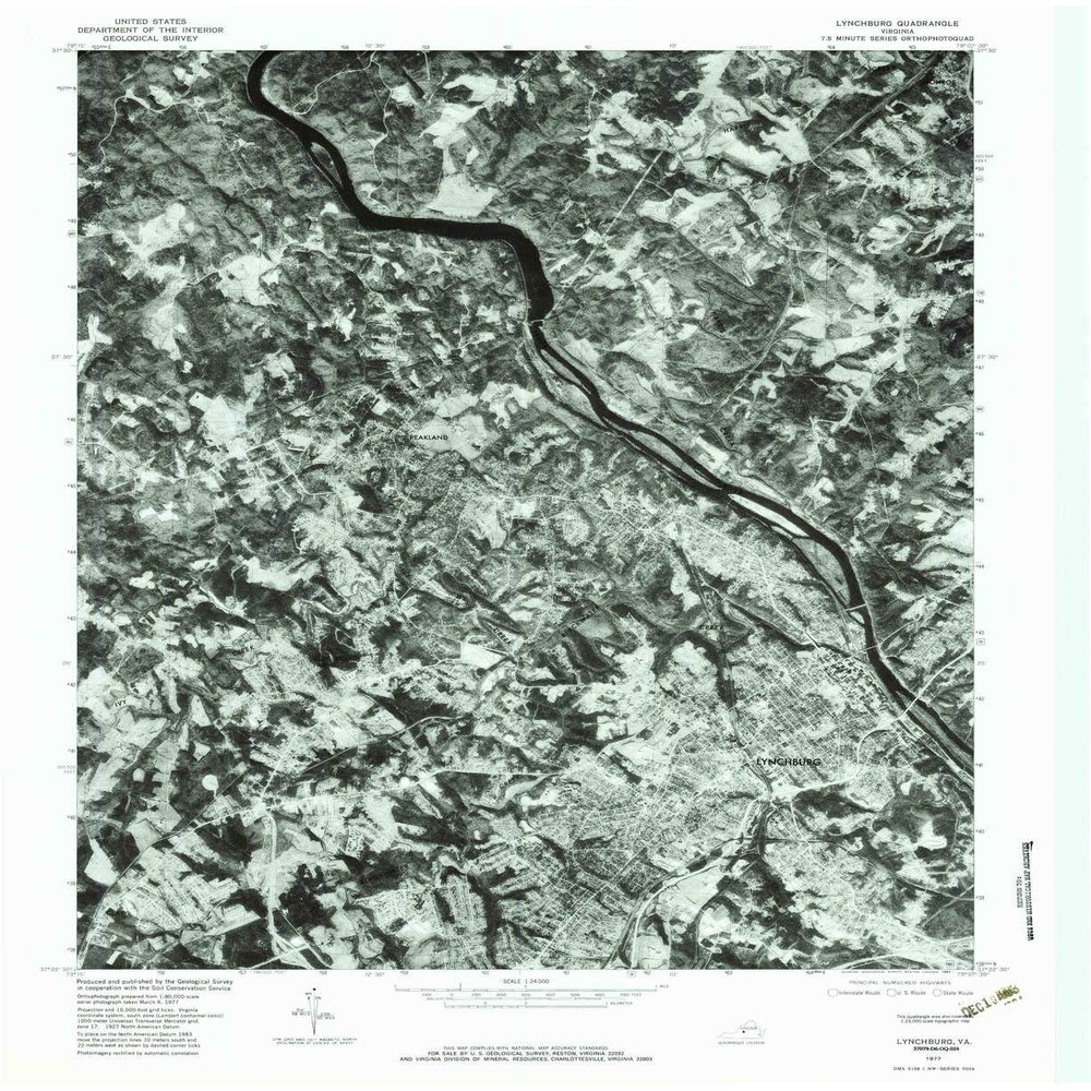 YellowMaps Lynchburg VA topo map, 1:24000 Scale, 7.5 X 7.5 Minute, Historical, 1977, Updated 1983, 26.8 x 21.9 in - Polypropylene