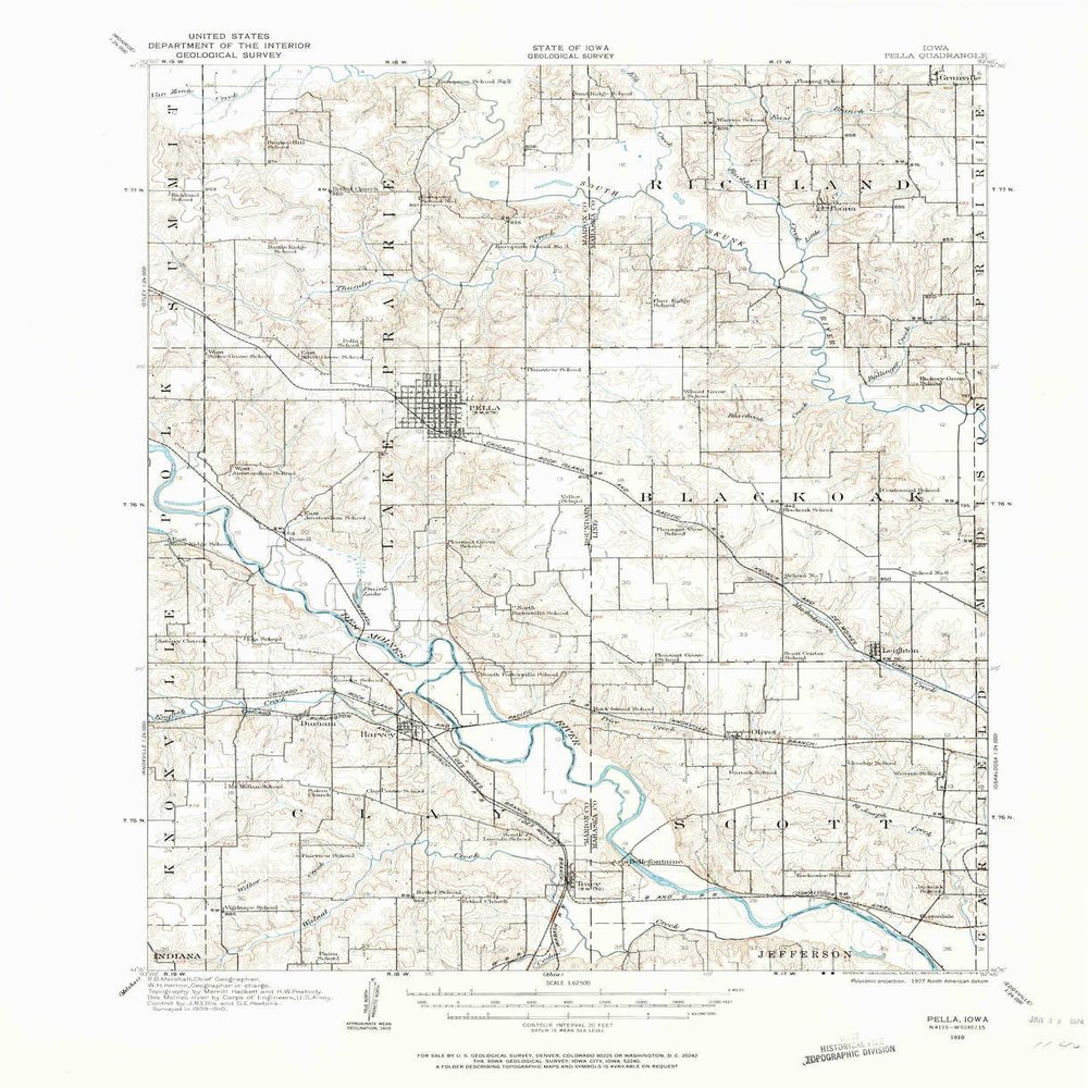 Pella IA topo map, 1:62500 Scale, 15 X 15 Minute, Historical, 1910, Updated 1974, 21 x 17.1 in - Polypropylene