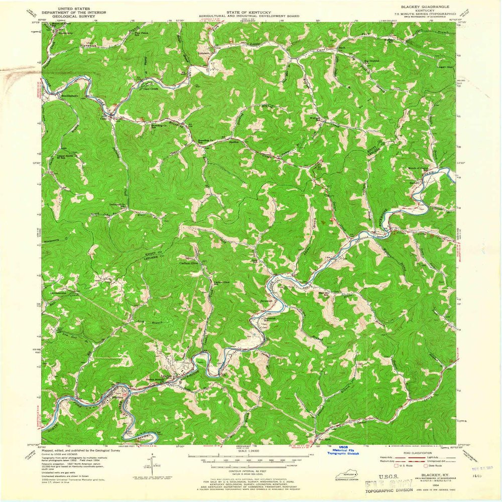 YellowMaps Blackey KY topo map, 1:24000 Scale, 7.5 X 7.5 Minute, Historical, 1954, Updated 1965, 27 x 22 in - Tyvek