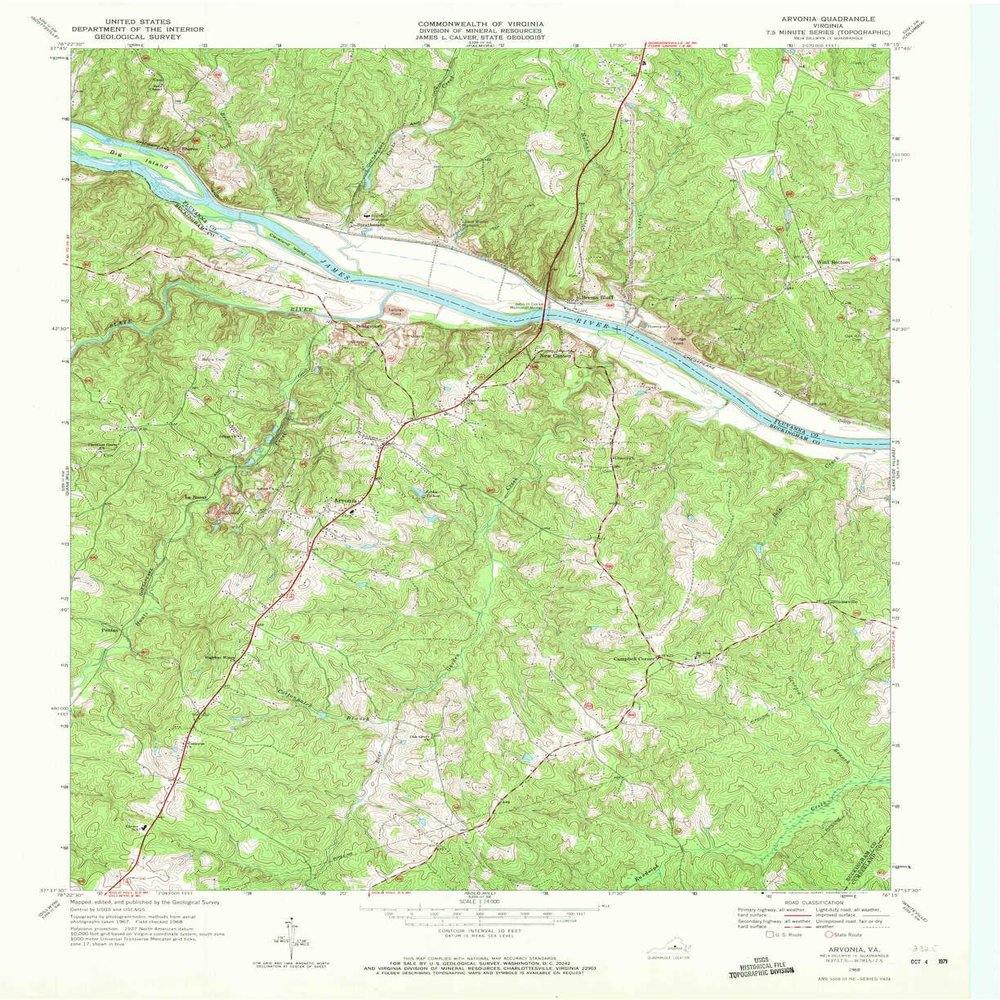 YellowMaps Arvonia VA topo map, 1:24000 Scale, 7.5 X 7.5 Minute, Historical, 1968, Updated 1971, 27 x 22 in - Polypropylene