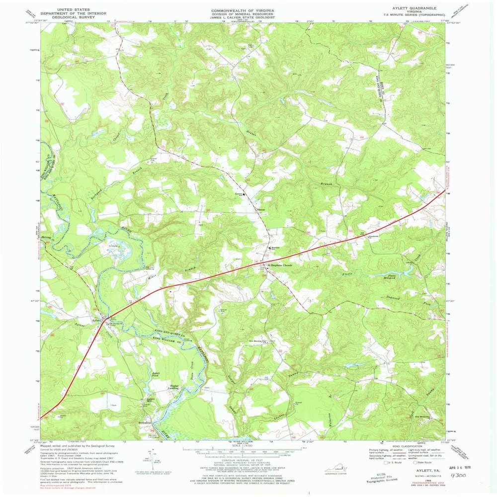 YellowMaps Aylett VA topo map, 1:24000 Scale, 7.5 X 7.5 Minute, Historical, 1968, Updated 1978, 27 x 22 in - Polypropylene
