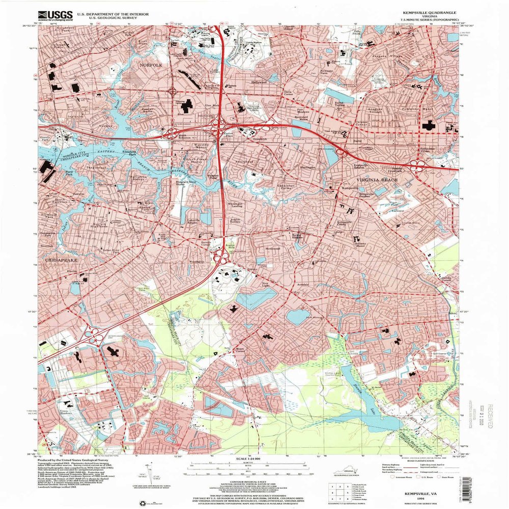 YellowMaps Kempsville VA topo map, 1:24000 Scale, 7.5 X 7.5 Minute, Historical, 1994, Updated 2000, 26.9 x 22.1 in - Polypropylene