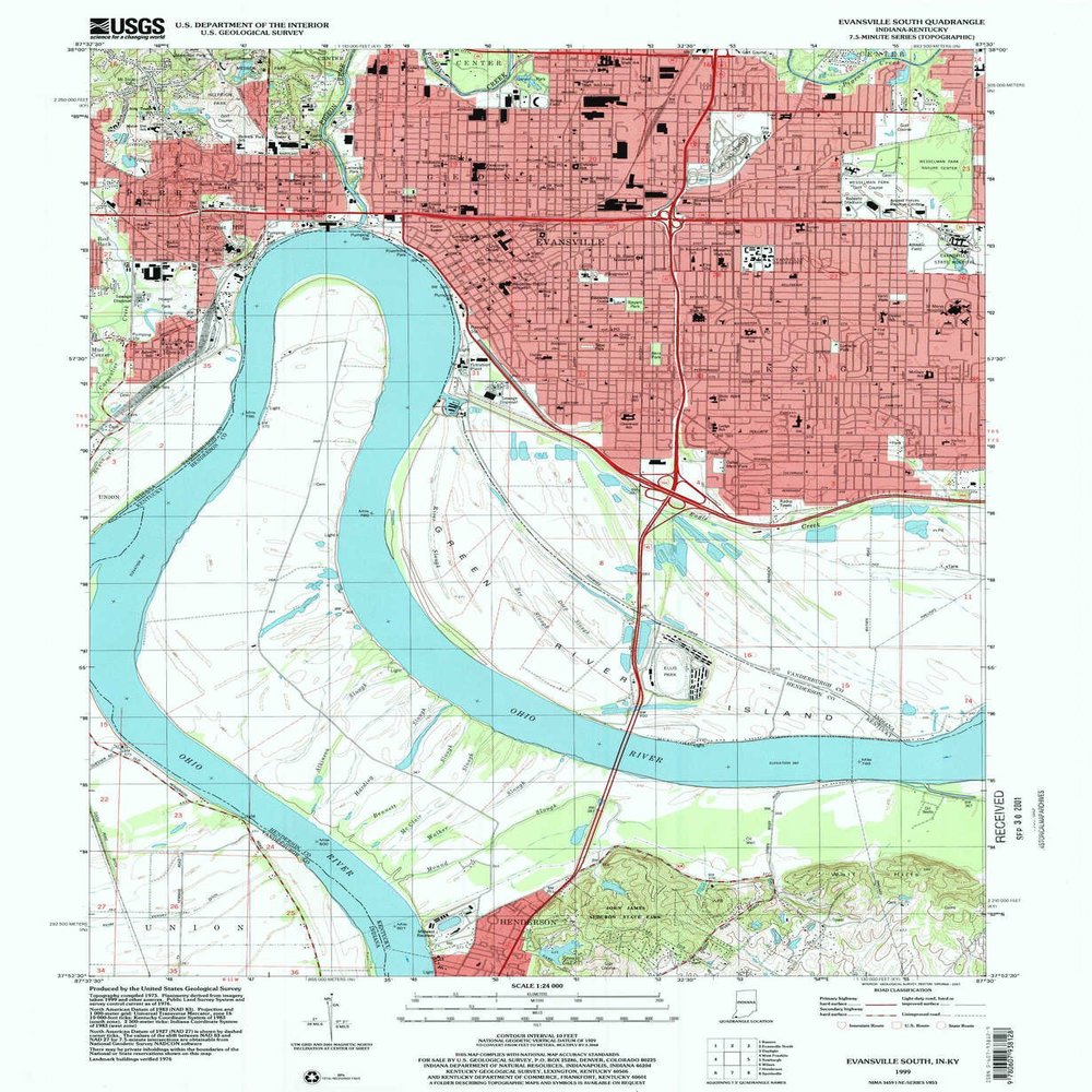 YellowMaps Evansville South in topo map, 1:24000 Scale, 7.5 X 7.5 Minute, Historical, 1999, Updated 2001, 26.8 x 22 in - Polypropylene