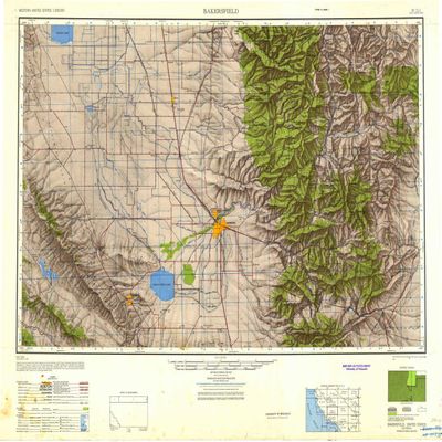 YellowMaps Bakersfield CA topo map, 1:250000 Scale, 1 X 2 Degree, Historical, 1948, Updated 1948, 24 x 31.9 in - Tyvek