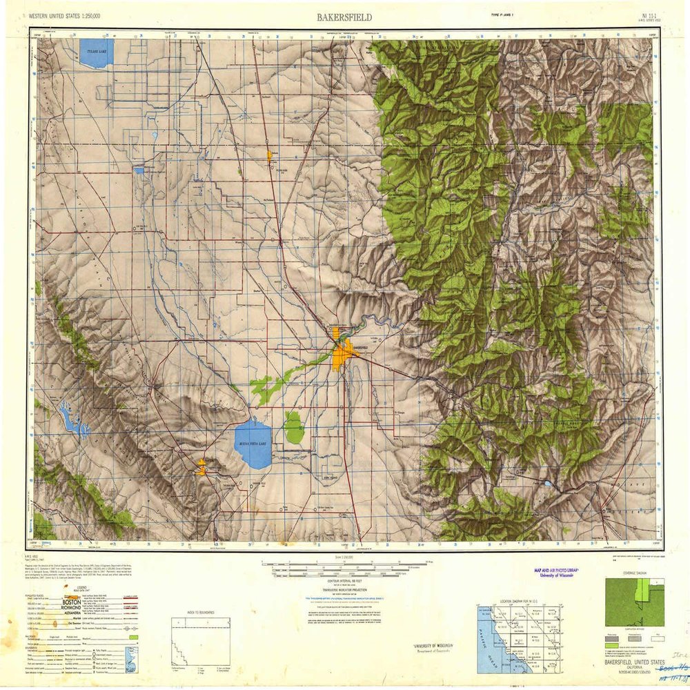 YellowMaps Bakersfield CA topo map, 1:250000 Scale, 1 X 2 Degree, Historical, 1948, Updated 1948, 24 x 31.9 in - Tyvek