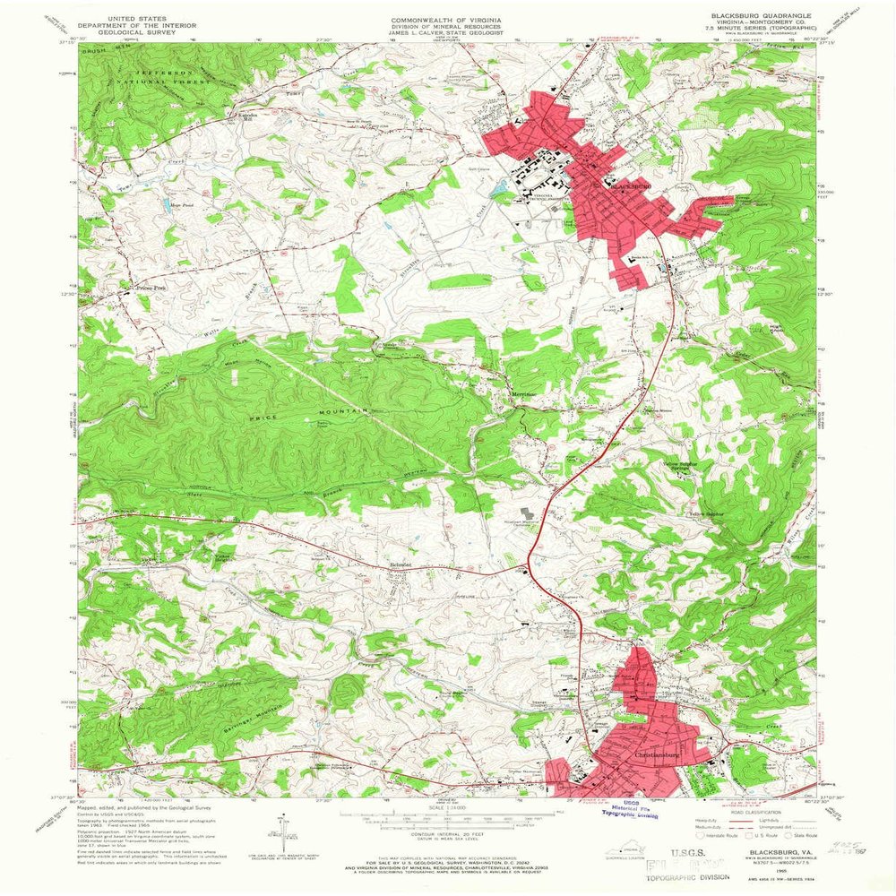 YellowMaps Blacksburg VA topo map, 1:24000 Scale, 7.5 X 7.5 Minute, Historical, 1965, Updated 1966, 27 x 22.1 in - Polypropylene