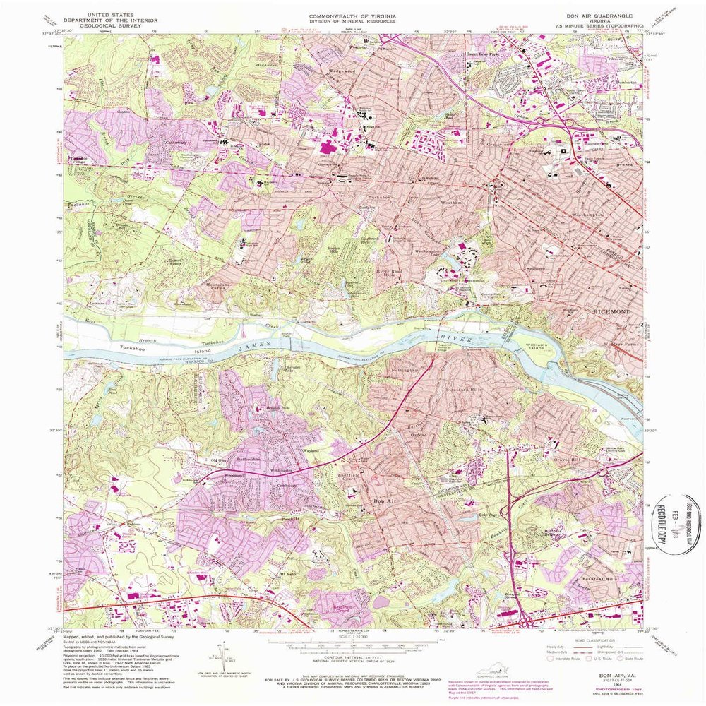 YellowMaps Bon Air VA topo map, 1:24000 Scale, 7.5 X 7.5 Minute, Historical, 1964, Updated 1987, 27 x 22 in - Tyvek