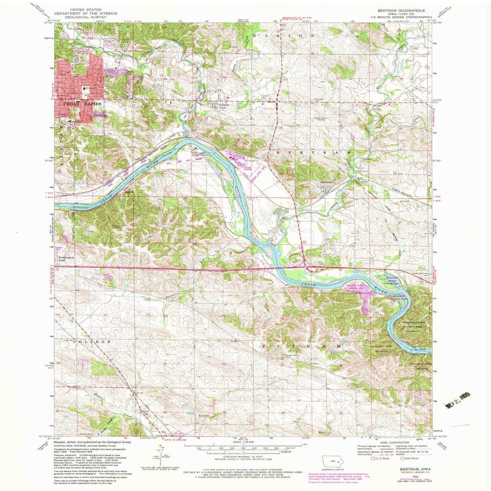 YellowMaps Bertram IA topo map, 1:24000 Scale, 7.5 X 7.5 Minute, Historical, 1968, Updated 1983, 27 x 22.1 in - Polypropylene