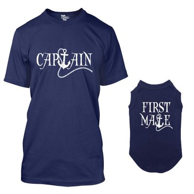 Captain/First Mate Matching Dog Shirt & Owner T-Shirt (Navy, 2X-Large Mens/Small Dog)