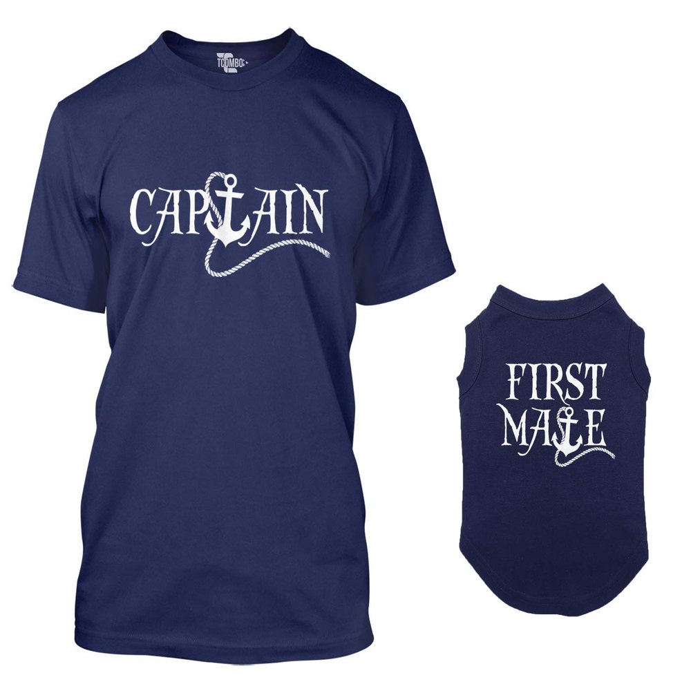 Captain/First Mate Matching Dog Shirt & Owner T-Shirt (Navy, 2X-Large Mens/Small Dog)