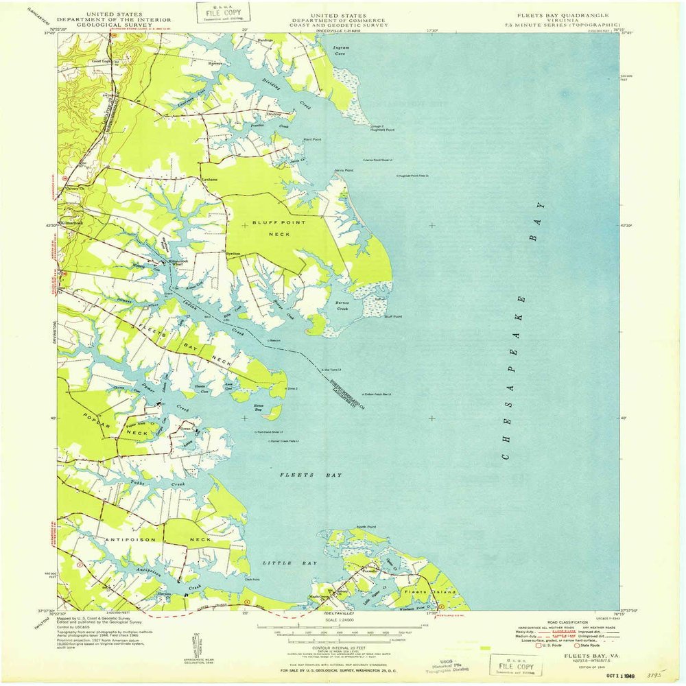 YellowMaps Fleets Bay VA topo map, 1:24000 Scale, 7.5 X 7.5 Minute, Historical, 1949, 27 x 22 in - Polypropylene