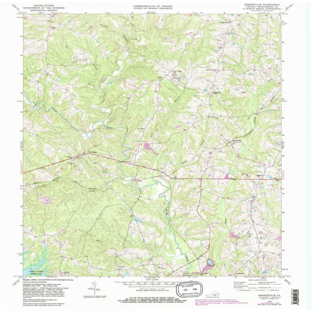 YellowMaps Baskerville VA topo map, 1:24000 Scale, 7.5 X 7.5 Minute, Historical, 1968, Updated 1981, 27 x 22 in - Polypropylene