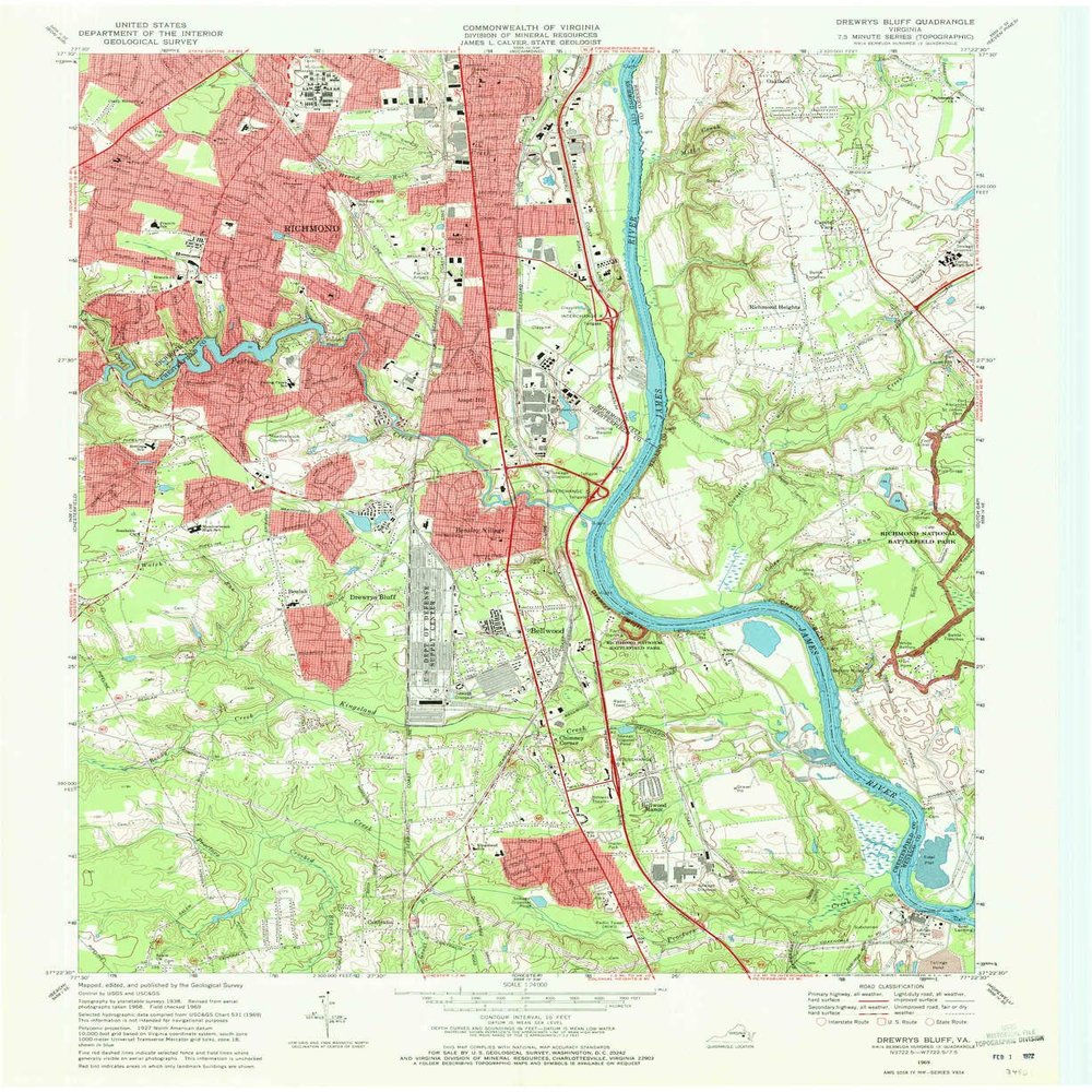 YellowMaps Drewrys Bluff VA topo map, 1:24000 Scale, 7.5 X 7.5 Minute, Historical, 1969, Updated 1971, 27 x 22.1 in - Tyvek